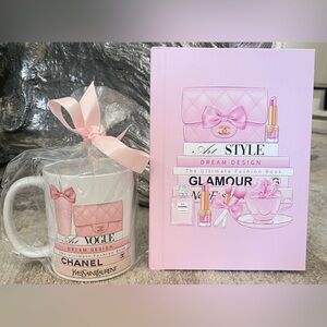 Glam Coffe mug and Notebook Features pink handbag and lipstick illustrations